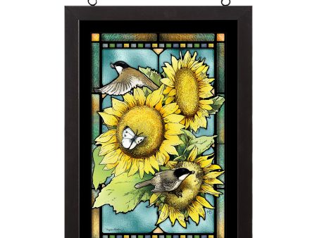 Chickadees & Sunflowers - 20  x 14  Stained Glass Art Online now